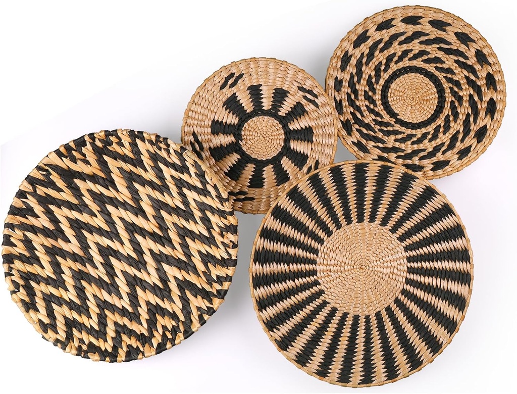 Woven Wall Basket Decor with Included Wall Hooks - Set of 4 Rattan Hanging Natural Seegrass Handmade Round Large Boho Wall Baskets Perfect Rustic Home Decoration for Kitchen Bedroom Living Room