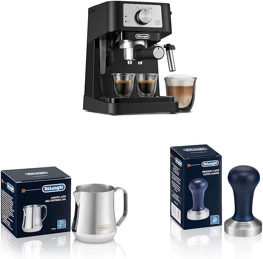 De'Longhi Stilosa Manual Espresso Machine, Latte & Cappuccino Maker & Stainless Steel Milk Frothing Pitcher, 12 ounce (350 ml) & DLSC058 Coffee Tamper
