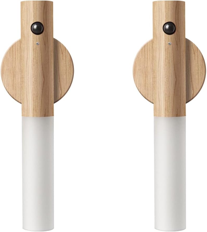 Wooden LED Night Lights Motion Sensor Indoor Magnet Body Rechargeable Wall Mounted Torch Light for Bedroom, Hallway, Stairway and More(White Ash Wood 2PCS)