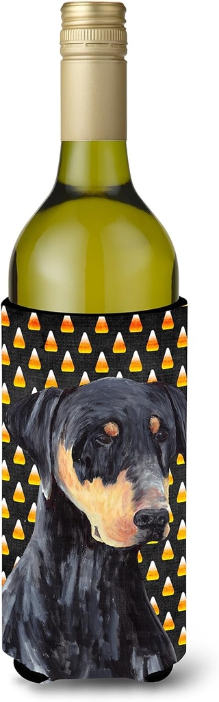Caroline's Treasures SC9148LITERK Doberman Natural Ears Candy Corn Halloween Portrait Wine Bottle Hugger Bottle Cooler Sleeve Hugger Machine Washable Collapsible Insulator Beverage Insulated Holder