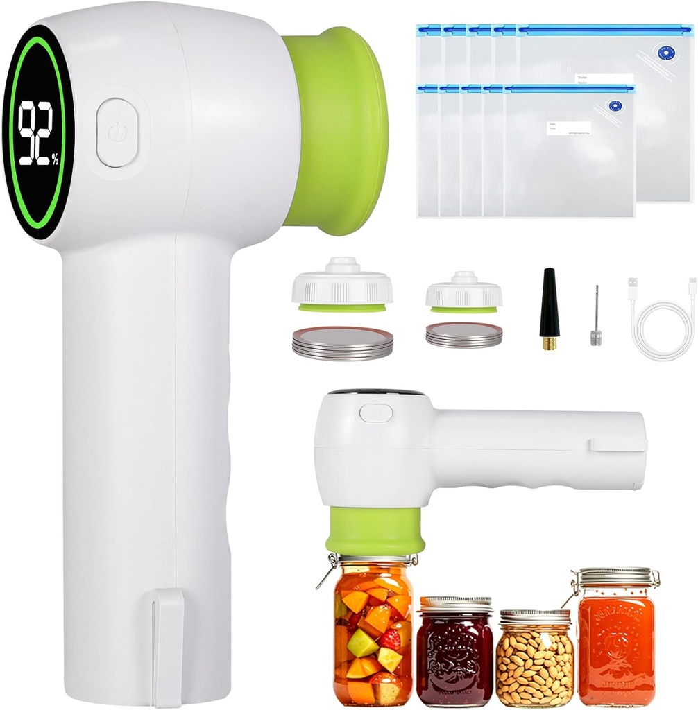 cjc 4-in-1 Portable Cordless Food Vacuum Sealer, Handheld Vacuum Sealers Machine,60Kpa Strong Suction,1200 mAh Rechargeable Battery, with 10 Reusable Bags for Meat fruit Storage