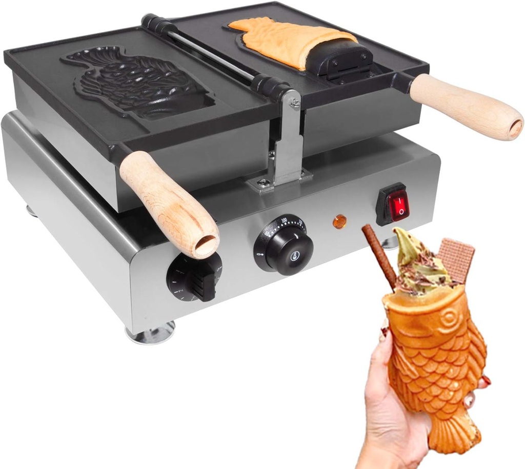GorillaRock Taiyaki Fish Waffle Maker | Electric Taiyaki Machine | Fish Waffle Cone Maker | Nonstick Coating | Commercial-Use Ready | 110V (1 open-mouth fish)