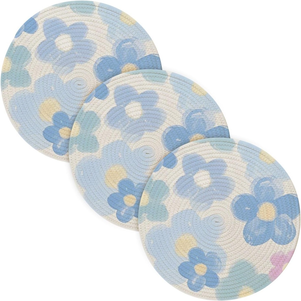 3 Pcs Heat Proof Trivet for Crock Pot 15in Heat Resistant Placemats Bathroom Decor accesorios para mesa de comedor Lovely Blue Oil Painting Flowers