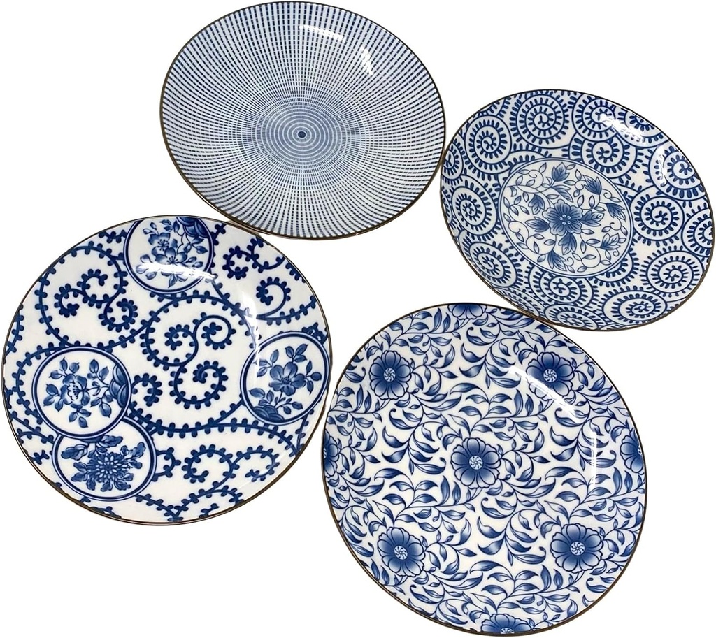 TJ Global Set of 4 Japanese Pottery Ceramic 6.8 Inch Plates for Any Meal and Dish, Japanese Dinnerware and Tableware with Traditional Blue Design