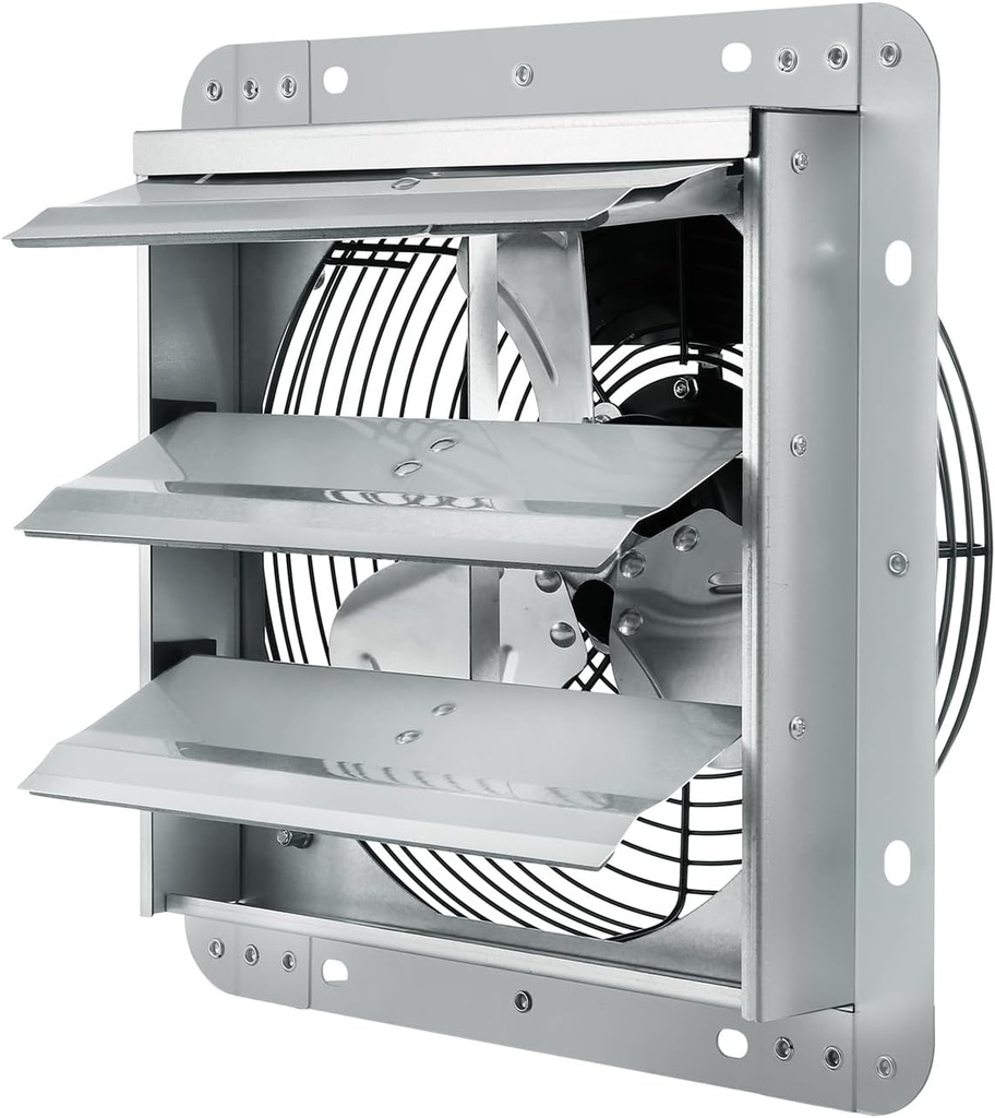 Happybuy 10''Shutter Exhaust Fan. 820 CFM. High-speed. For Greenhouses/Garages/Sheds/Shops. AC-motor. Aluminum. Ventilation. Cooling. FCC compliant. Ideal for various spaces.