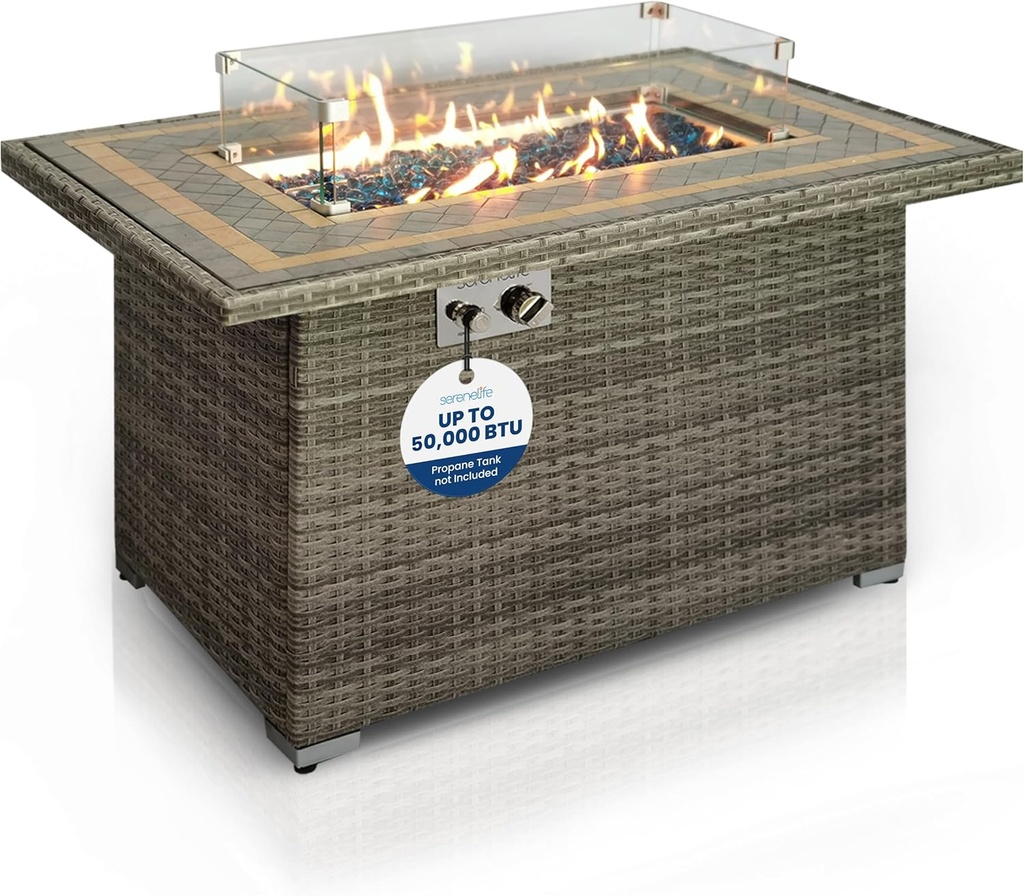 SereneLife Outdoor Propane Fire Pit Table – 50,000 BTU Auto-Ignition Gas Fire Table with Glass Wind Guard, Mosaic Tile Tabletop, Clear Glass Rocks, Ideal for Patio & Backyard Use