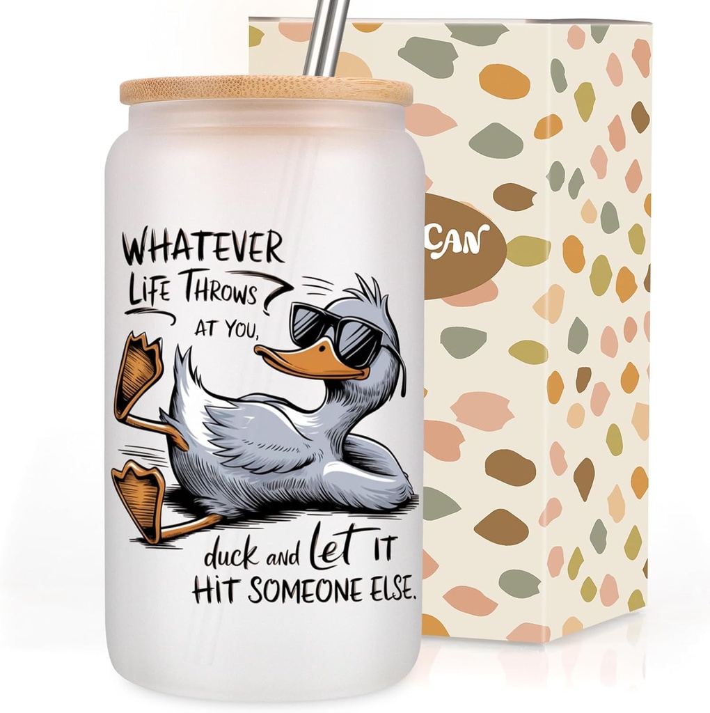 Coolife Sarcastic Funny Duck Themed Frosted Coffee Glass Cup Tumbler Mug, Cute Duck Gifts for Duck Lovers Women Coworker Friend Athlete Teenager - Birthday, Inspirational, Snarky Dark Humor Gifts