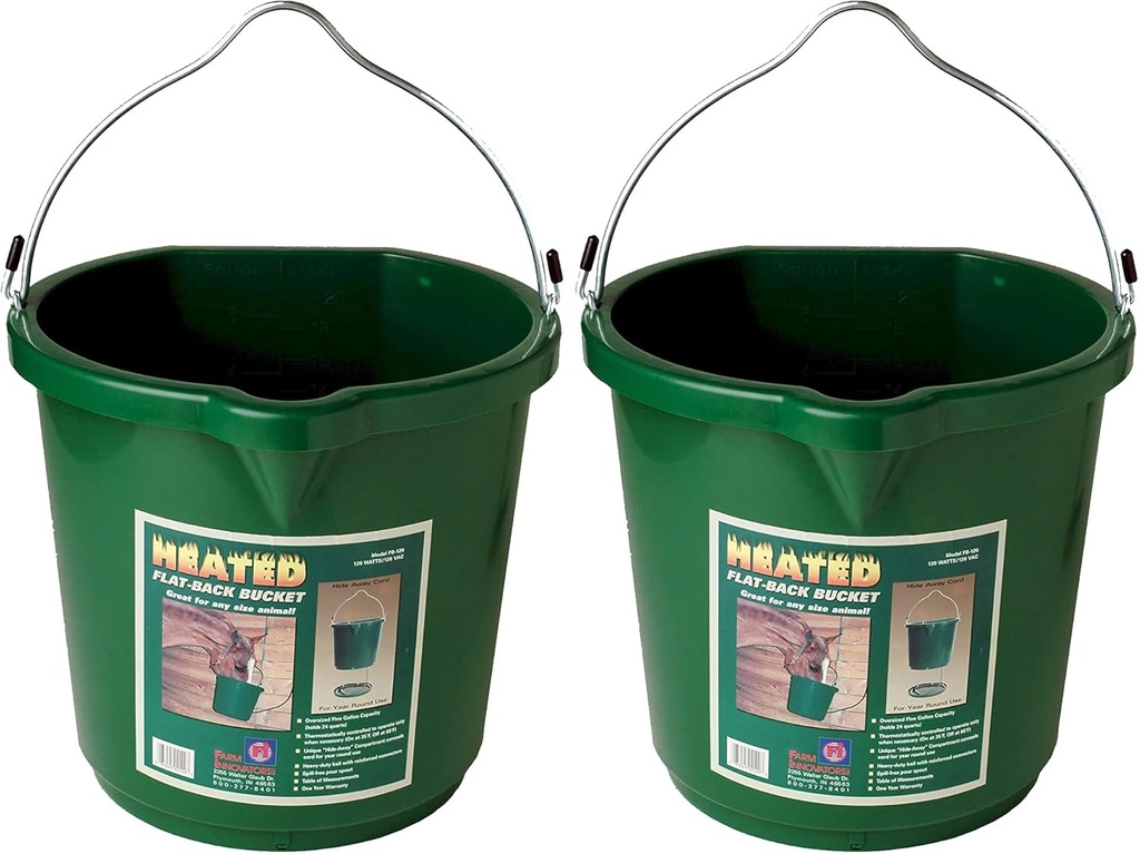 Farm Innovators FB-120 24 Quart Plastic Flat Back Heated Bucket with Metal Handle, Built in Thermostat, and Hidden Cord Compartment, 120 Watt (2 Pack)