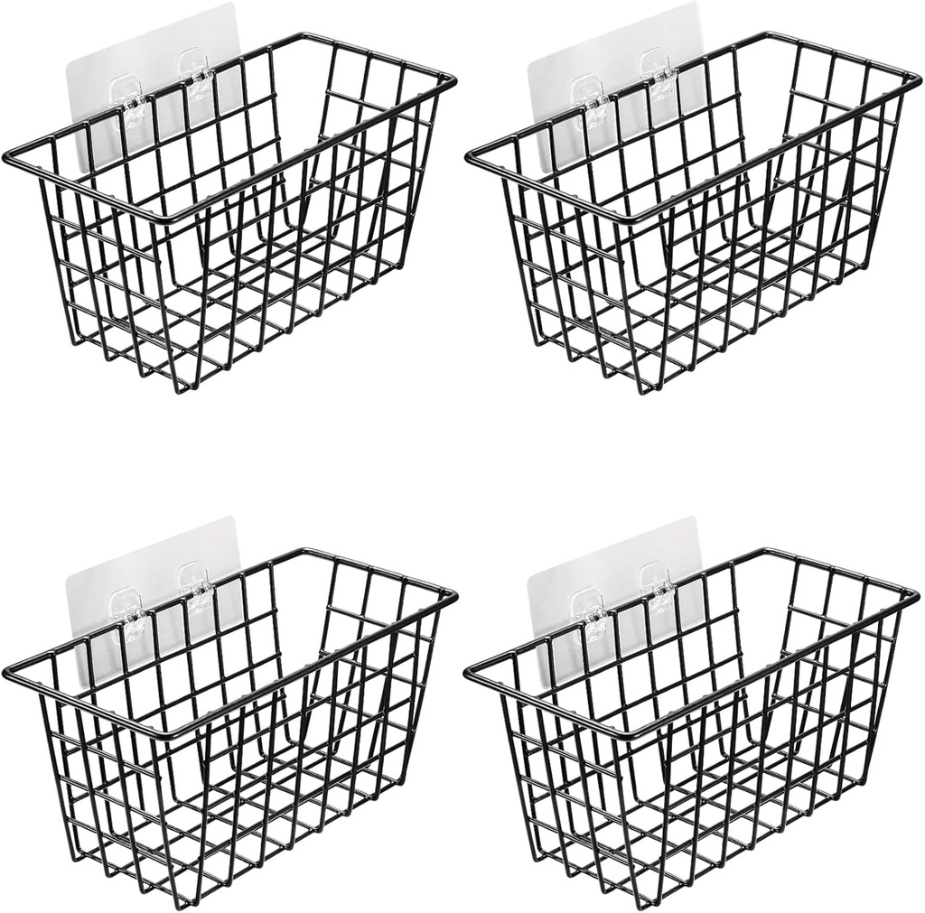 Orgneas Hanging Wall Baskets with Adhesive, Over the Cabinet Door Organizer Wire Storage Baskets for Kitchen Cabinet Pantry RV Storage and Organization, Black, 4 Packs