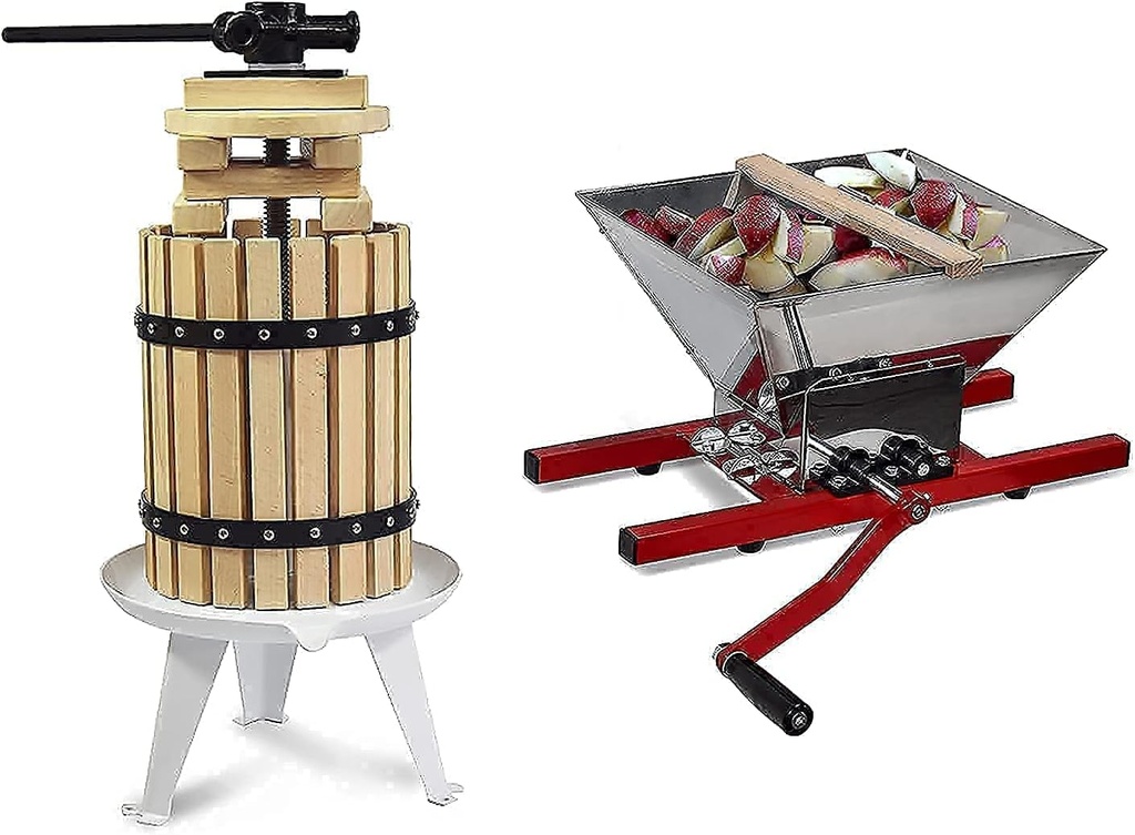 SQUEEZE master Fruit Apple Cider Wine Classic Press- 1.6 Gallon/6L-Solid Wood Basket with Fruit Apple Wine Classic Crusher -7 Litre/1.8Gallon