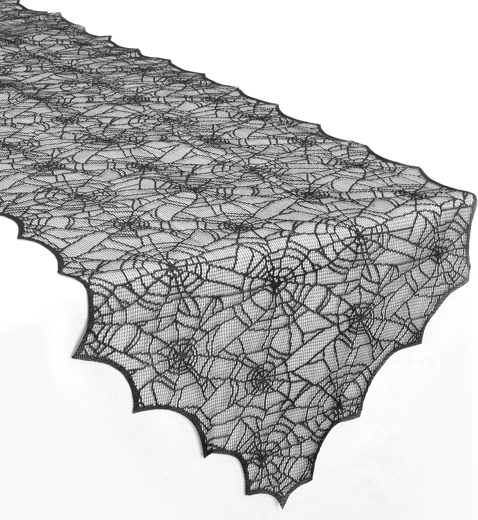 Halloween Table Runner, 72 Inches Long Black Lace Spider Web Table Runner Placemats Netting Backdrop Halloween Decorations Indoor Desk Centerpiece Kitchen Coffee Accessories Farbic Decor Topper
