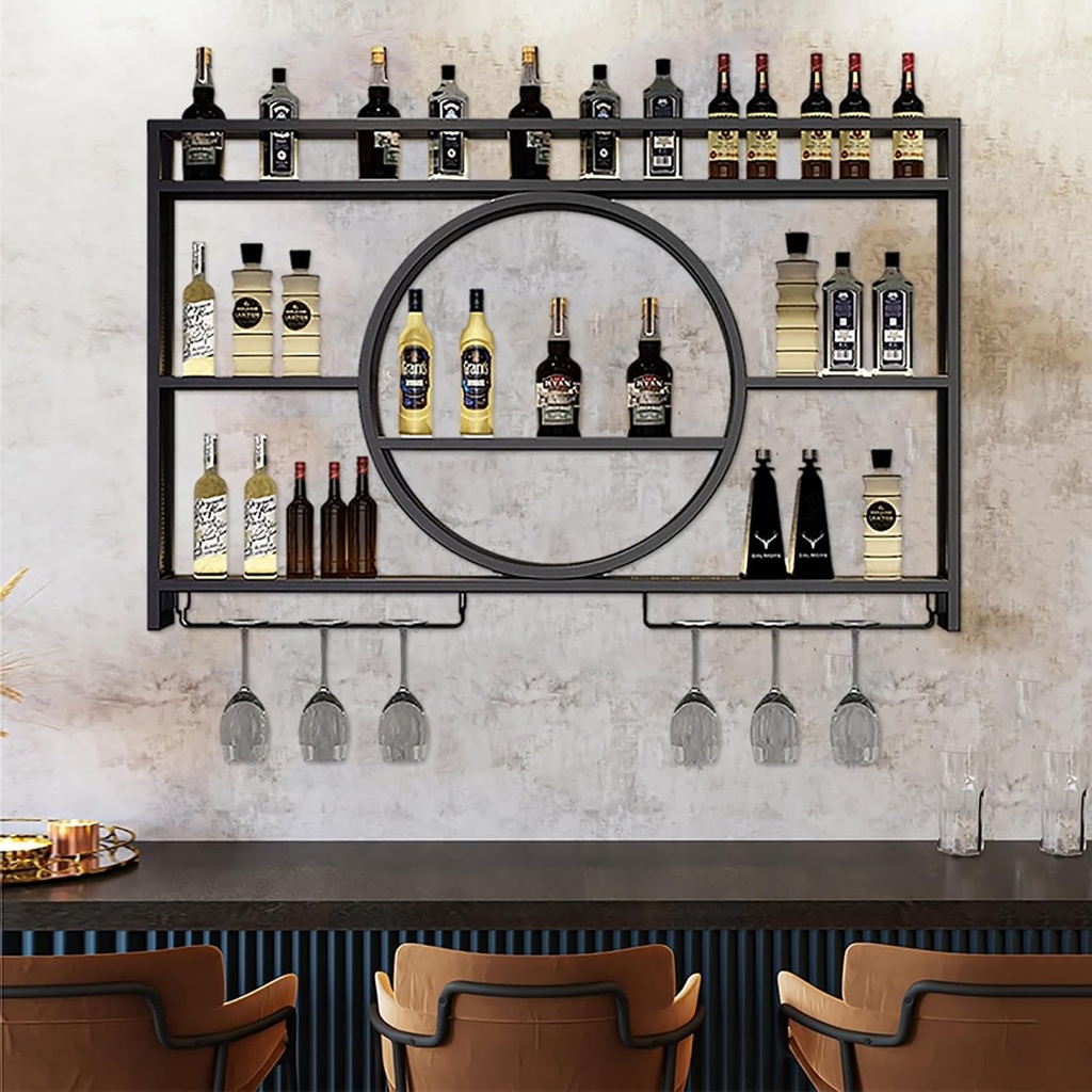 Modern LED Wine Rack Wall Mounted with Wine Glass Holder,Floating Bar Shelves,Liquor Bottle Display Shelf,Iron Wine Shelf for Liquor Bottle and Wine Storage in Kitchen Wine Cellar,Black/Gold