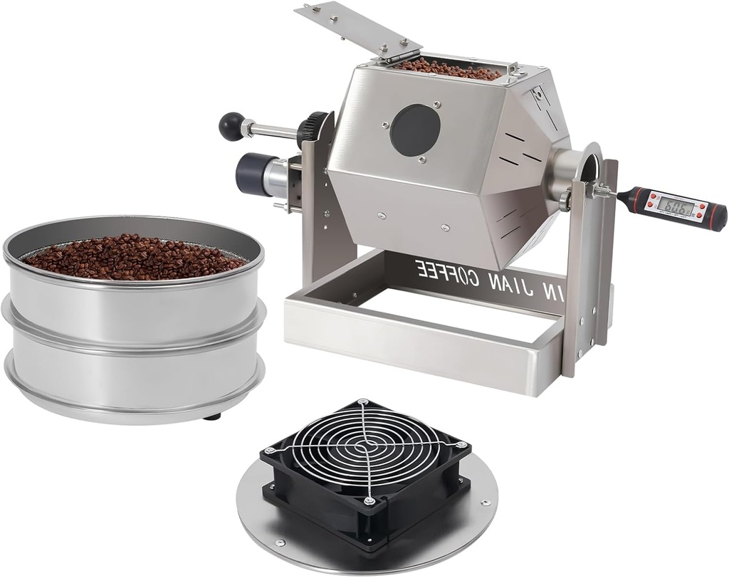 Stainless Steel Coffee Bean Roaster with Cooler, 3.8L Drum Roaster Machine for Home & Commercial Use, Adjustable 5-60 RPM, Includes 2 Sieves & Thermometer