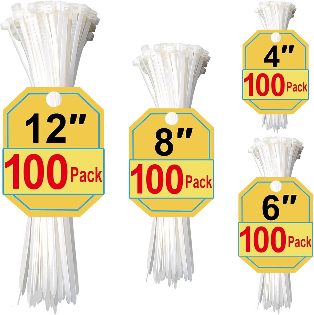 Zip Ties, White Zip Ties Assorted Sizes 4+6+8+12 Inch, 400 Pack, White Cable Ties, Zipties Clear, UV Resistant Wire Ties, Plastic Ties, Clear Zip Tie, SiKuLin
