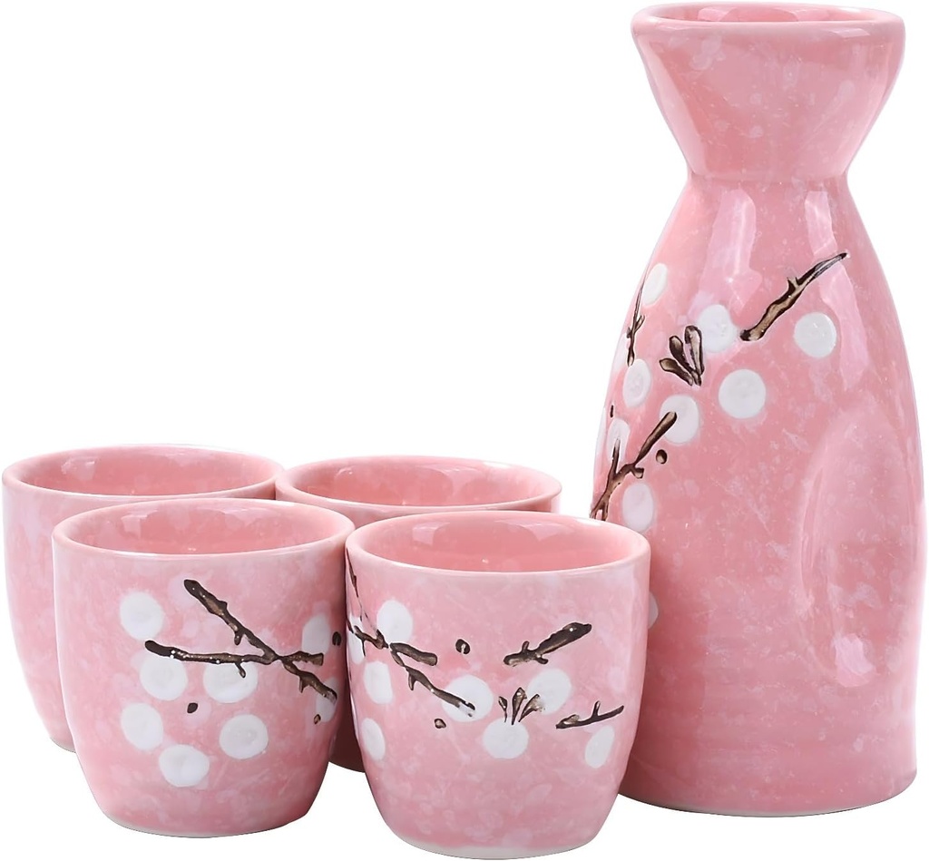 Asian Pink Ceramic Sake Set of 5, 4 Japanese Saki Cups and 1 Pot