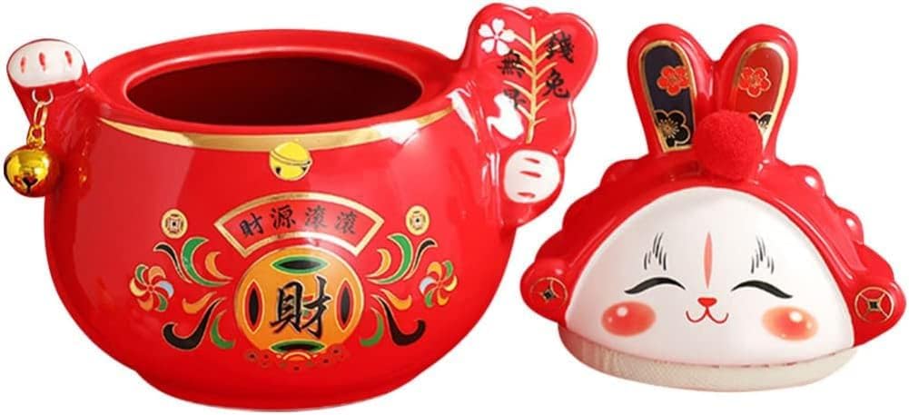 Cookie Jar Rabbit Candy Dish Ceramic Decorative Canister Ceramic Candy Jar 2023 Year of the Rabbit Figurines Lucky Bunny Statue Bunny Food Canister for Home Kitchen Red