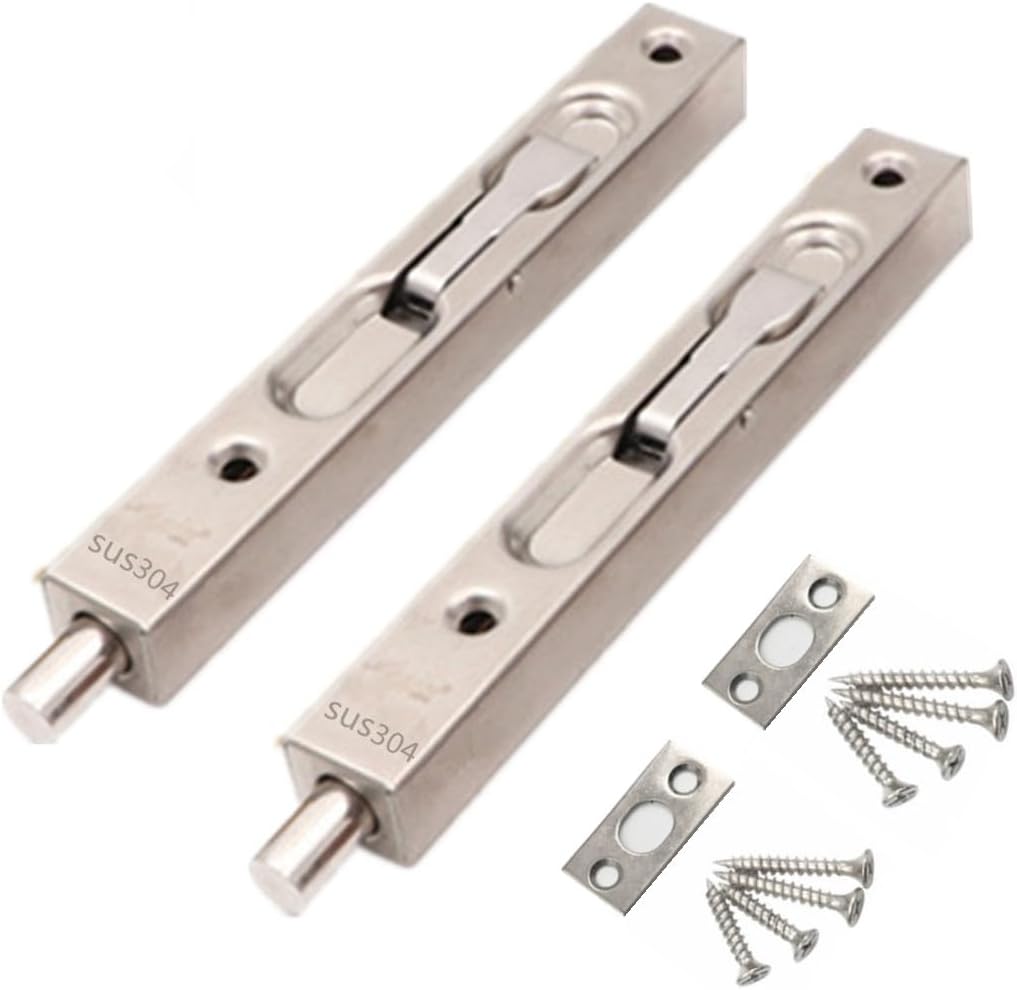 szhdxsy Hidden Latch & Bolt 304 Stainless Steel 6 inch(15cm) Security Door Bolt Latch, Double Door Lever Action Flush Bolt Latch, French Door Slide Bolt Lock,Silver (2-Pack)