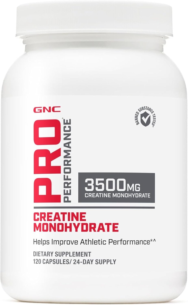GNC Pro Performance Creatine Monohydrate Supplement Capsules for Men & Women, 3.5g, Improves Muscle Building, Energy Production, Endurance & Performance, 3rd Party Tested, Gluten Free, 120 Count, 24