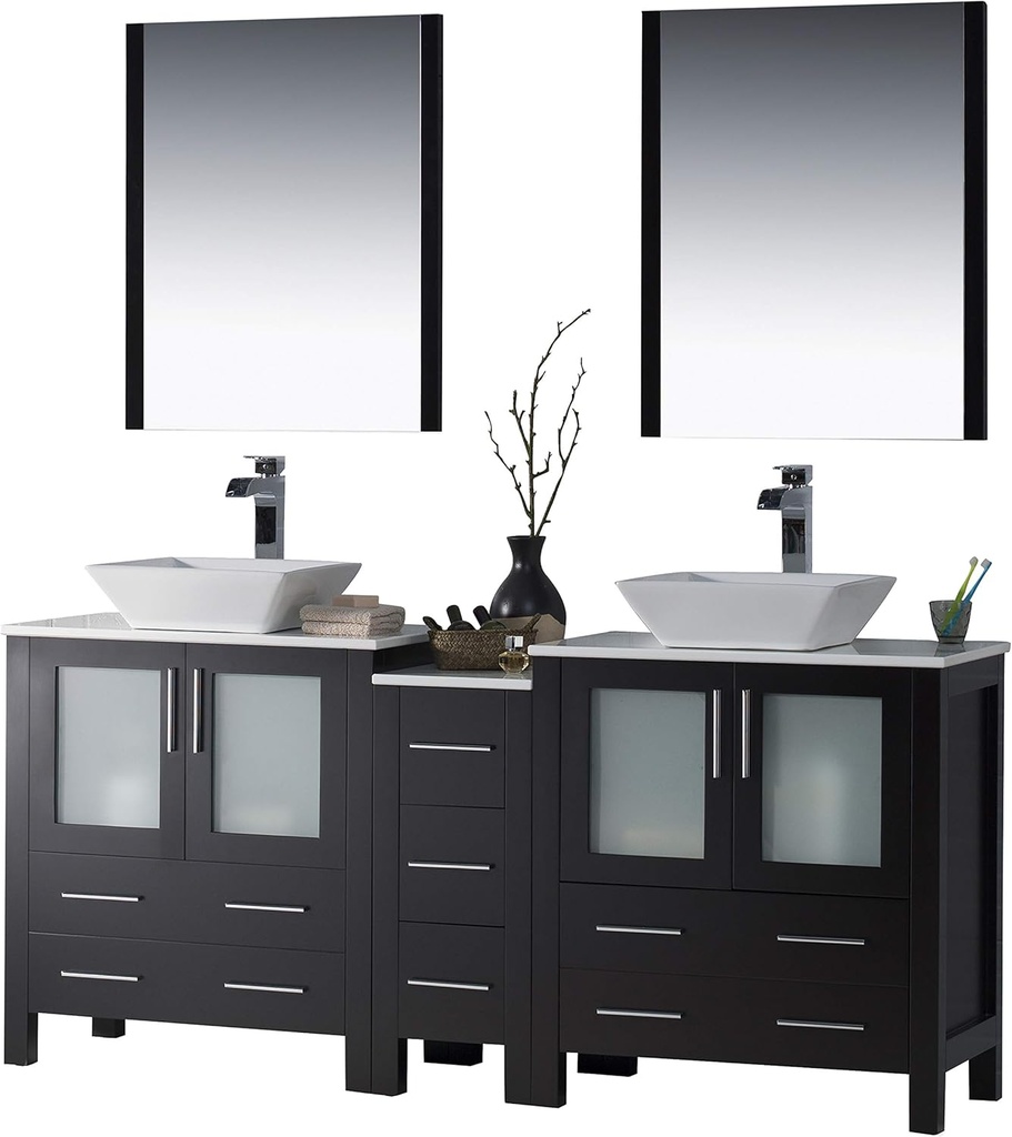 Blossom 72” Bathroom Vanity with Double Ceramic Vessel Sink, Side Cabinet and Mirror – Solid Wood, Soft Close Drawers & Doors - Modern Storage Cabinet for Small & Large Bathrooms (Espresso)