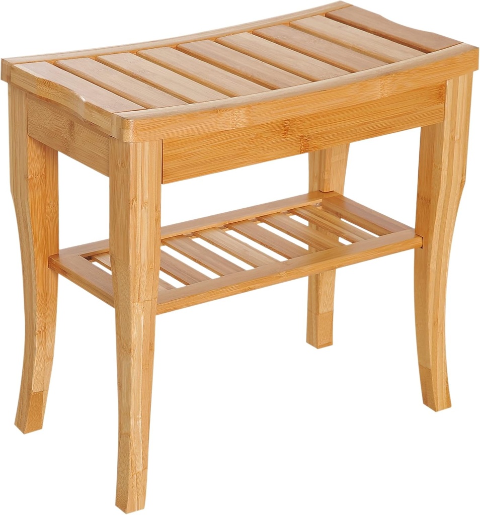 HOMCOM Long Bamboo Shower Bench Seat, 20" Wooden Spa Shower Stool with Underneath Storage Shelf Shoe Organizer
