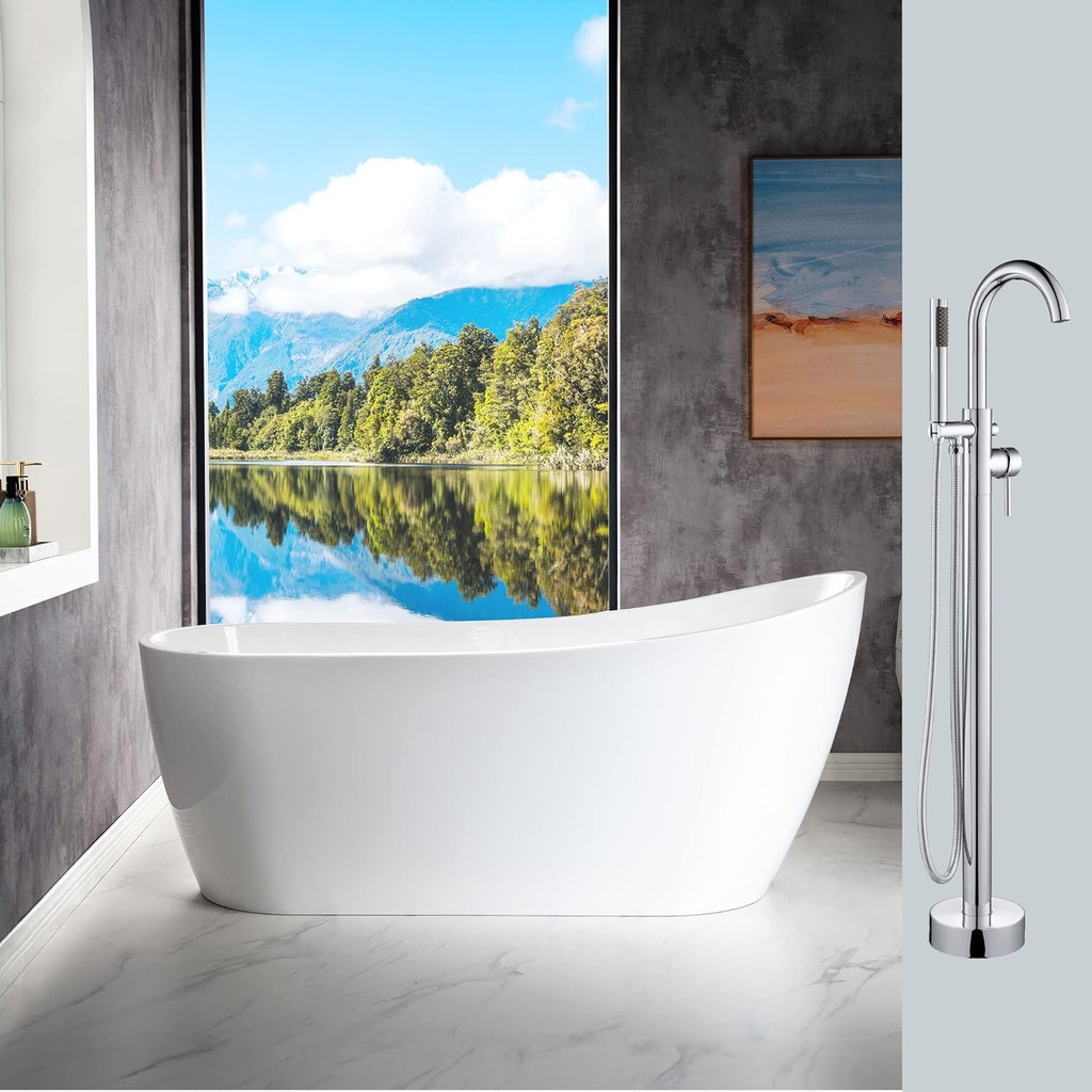 Woodbridge 67" Acrylic Freestanding Bathtub Contemporary Soaking Tub Overflow and Drain BTA1508-C,with Chrome, B-0001-C+Faucet F0002