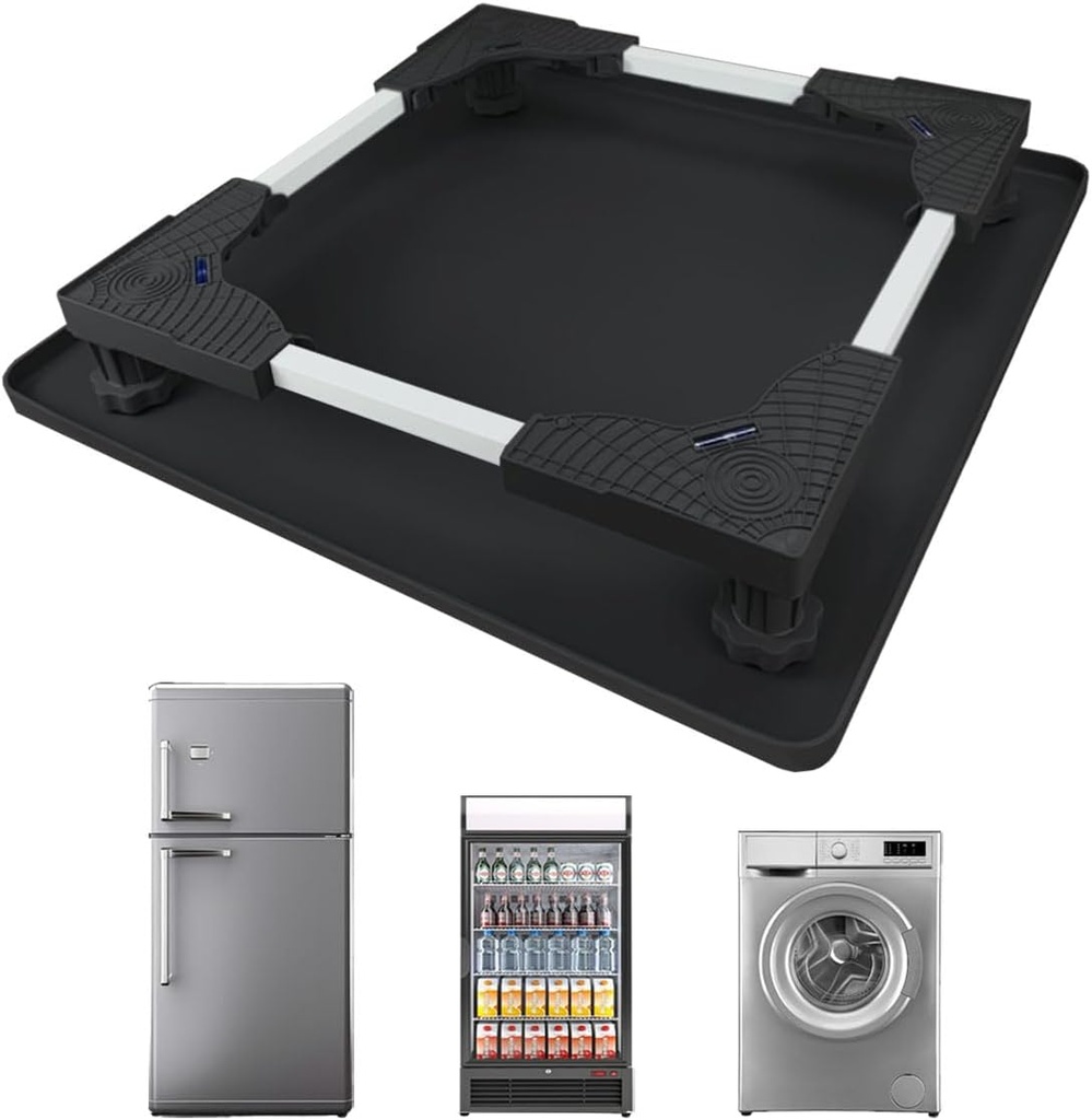Mini Fridge Stand with Silicone Drip Tray, Universal Adjustable Base with 4 Strong Feet, 23.6" x 23.6" Mini Fridge Mat, Suitable for Small Refrigerators, Portable Compact Washer or Dryer, Black
