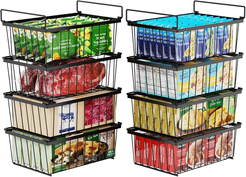 iSPECLE Chest Freezer Organizer Bins - 8 Pack Stackable Freezer Organizer for 5 to 7 Cu.Ft Freezer and Upright Freezer Over 8.5 Cu.Ft, Easy Get Food from Bottom, Add Extra Storage Space, Black