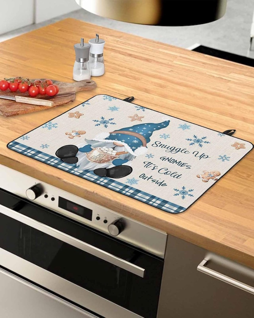 Christmas Countertop Burners Protection Mats for Kitchen, Winter Gnome Balls Linen Rubber Stove Top Cover Mat, Heat Proof Mats Cooktop Cover for Counter Dish Drying Mat, 31"x24"