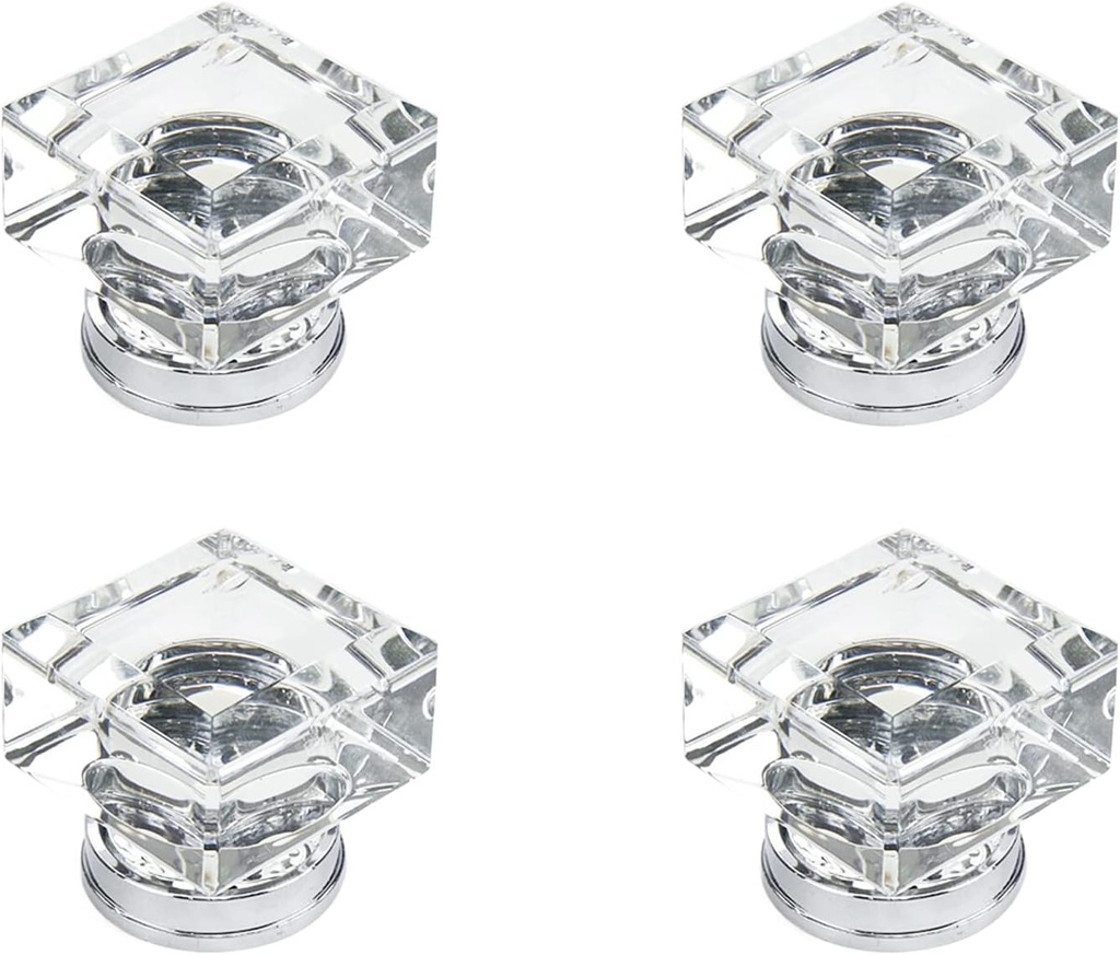 Square Glass Cabinet Knobs 1.34" Clear Glass Knob Cabinet Hardware Crystal Drawer Handle Pulls Dresser Knobs Brushed Nickel Base Drawer Pull Pack of 4, Transparent