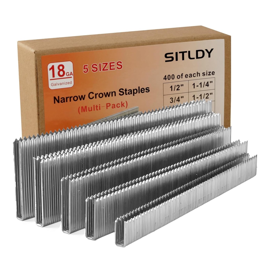 2000-Count 18 Gauge 1/4 Inch Narrow Crown Staples (1/2"+3/4"+1"+1-1/4"+1-1/2"), 400 per Size, Heavy Duty Beveled Chiseled Pointed Galvanized, Assorted Size Project Pack