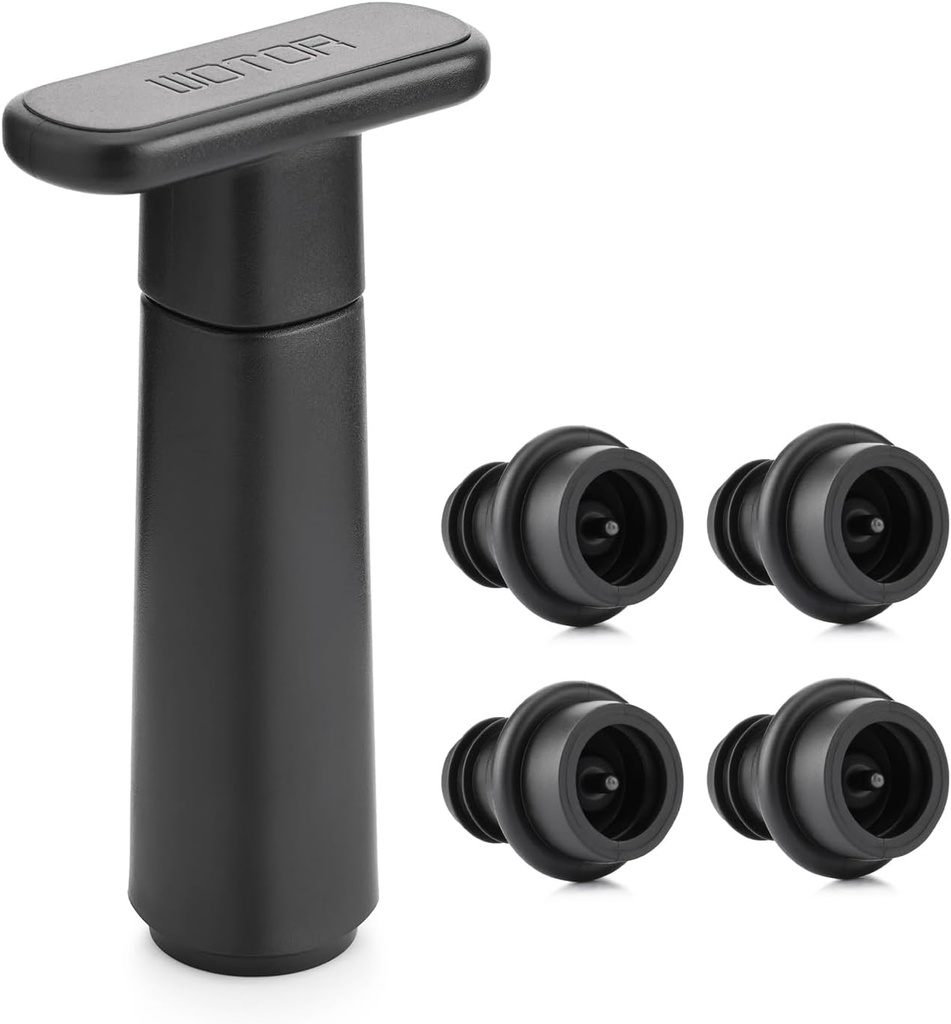 WOTOR Wine Saver Vacuum Pump with 4 Stoppers, Wine Stopper & Preserver, Reusable Bottle Sealer Keeps Fresh, Ideal Accessories Gift (Flat Handle)