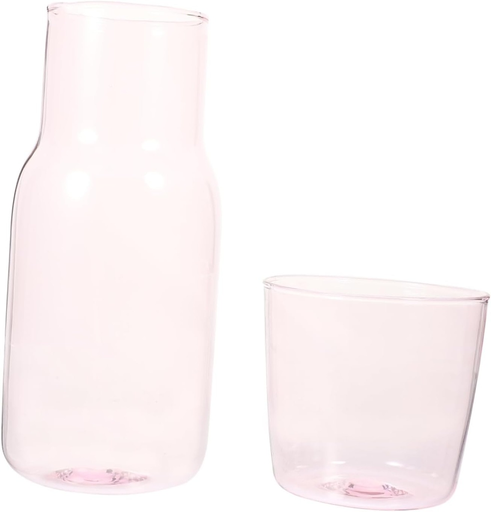 VOSAREA 1Set Desktop Glass Carafe and Cup Pink Borosilicate Water Jug for Bedroom Bedside Carafe for Beverages and Juice and Easy Pouring Design