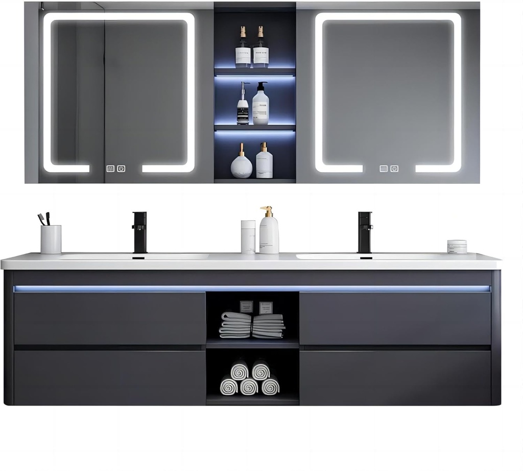 55IN Double Sink Vanity, 4 Drawers, Two LED Smart Touch Mirror Cabinets, Open Center Compartment, Body Sensor Lights, Wall Mounted Storage Vanity (59IN)
