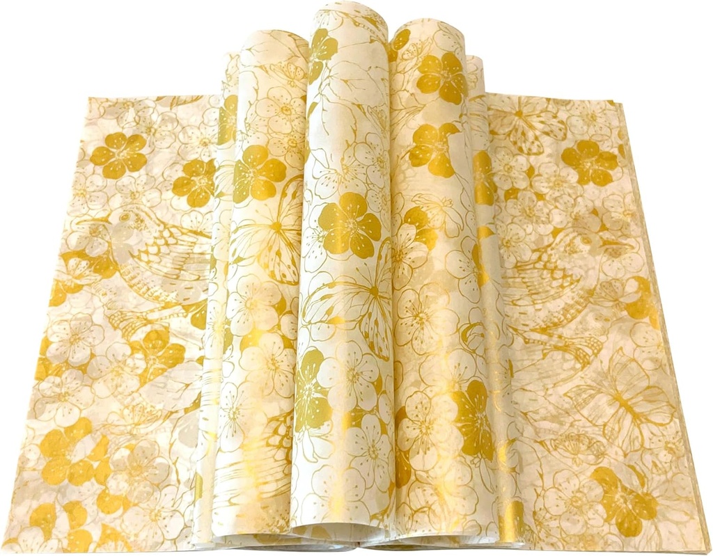 150pcs Gold and White Floral and Birds Patterned Wax Paper Sheets Sandwich Wrapping Paper, Greaseproof Wrap Parchment Air Fryer Disposable Paper Liner Food Basket Liners for Outdoor Picnic