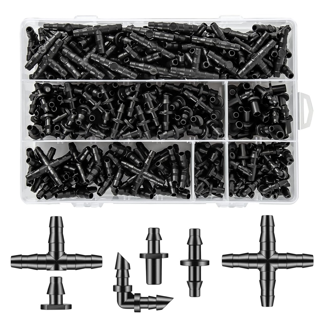 300 Pcs Barbed Connectors Drip Irrigation Fittings Kit, 1/4" Drip Irrigation Kit for Garden Flower Pot Greenhouse Lawn (Straight Barbs,Single Barbs,Tees,Elbows,End Plug,4-Way Coupling)