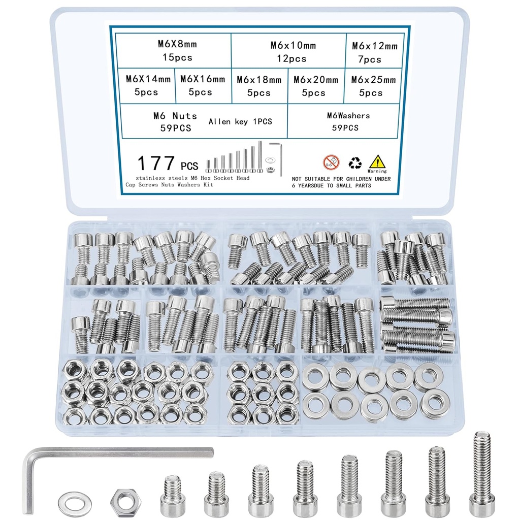177 Pcs M6 Screws and Nuts, Hex Socket Head Cap Screws Nuts and Bolts Washers Kit, Stainless Steel Bolts and Nuts Kit, Metric Assorted Machine Screws Assortment Kit, Fully Threaded Bolt