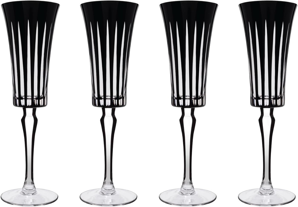 Vikko Champagne Flutes, Timeless Collection 6 Ounce Elegant Wine Glass for Fine Dining, Set of 4 Black Goblets with Stem, Dishwasher Safe