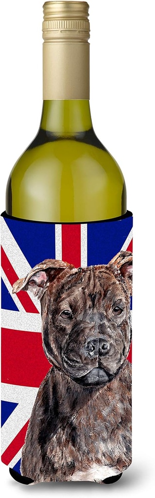 Caroline's Treasures SC9882LITERK Staffordshire Bull Terrier Staffie with English Union Jack British Flag Wine Bottle Hugger Bottle Cooler Sleeve Hugger Machine Washable Collapsible Insulator Beverage