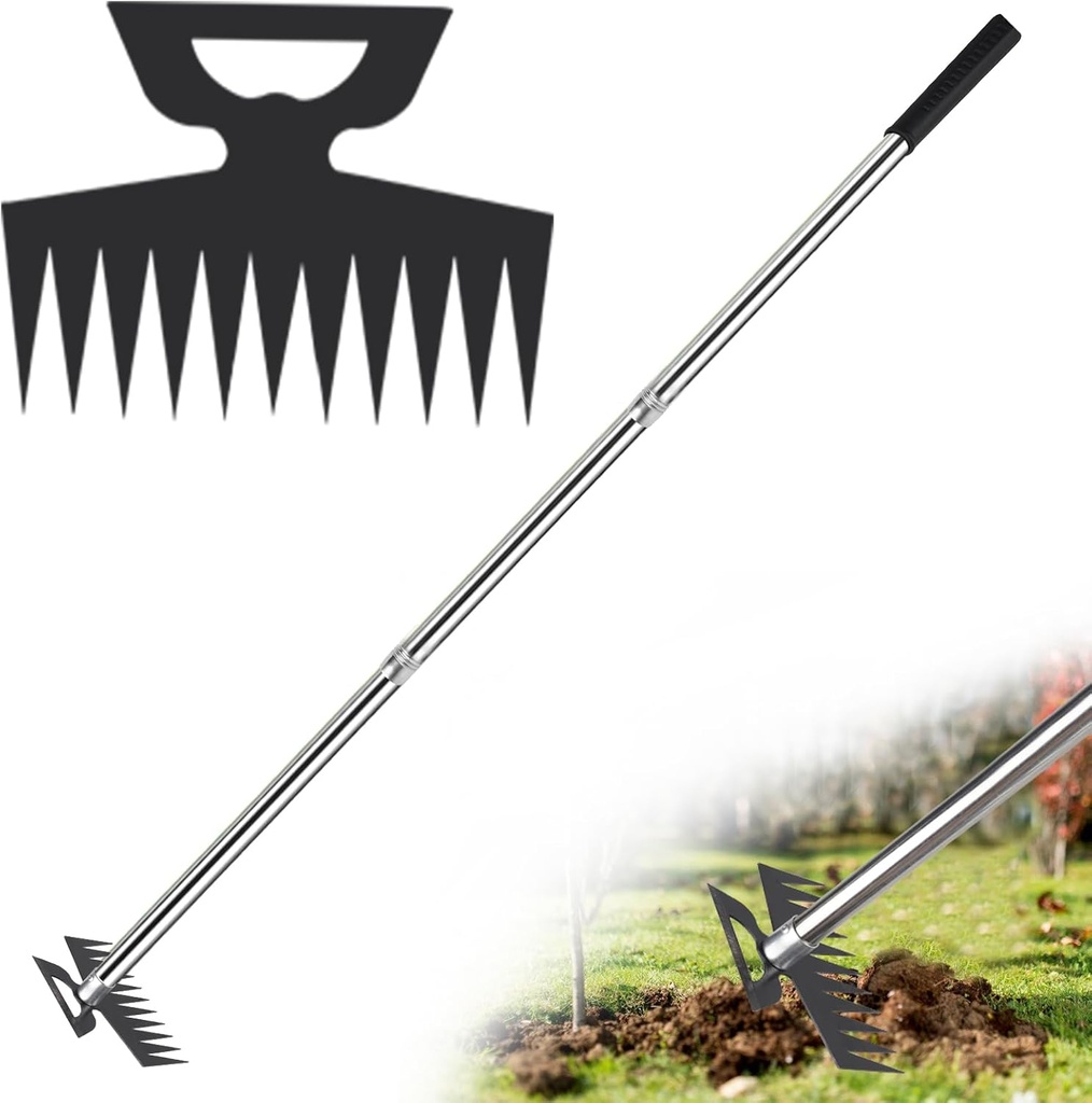 Weed Puller Picker Tool Scuffle Hoe Rake, Hand Tiller Small for Planting, Grass Weeder Dandelion Uprooting Remover, Standing Cultivator for Flower Garden Beds Lawns Yard Weeding and Leveling