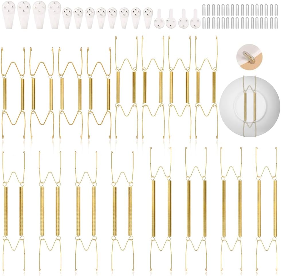 16 Pieces Plate Hangers for Wall - 6/8/10/12 Inch Invisible Plates Hanger, Stainless Steel Plate Holders with 16 Pieces Wall Hooks for Decorative Plates and Arts (Gold)