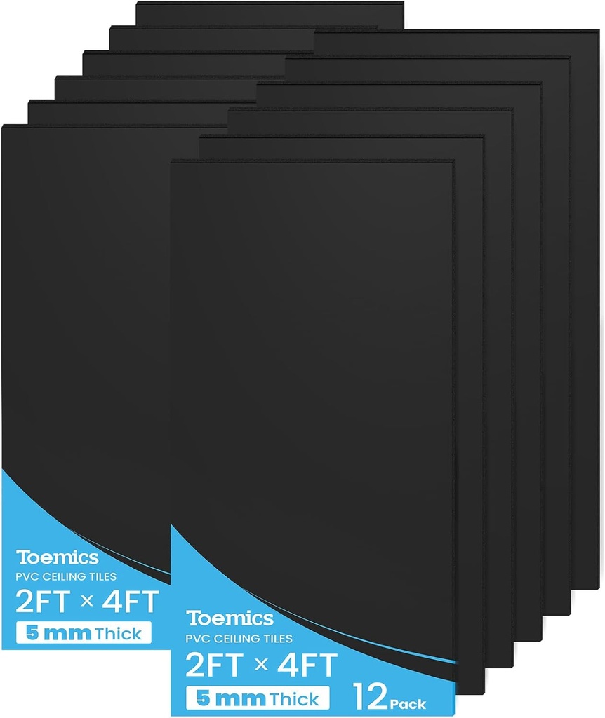 Drop Ceiling, 12 Pack Ceiling Tile 2ft x 4ft PVC Panel Cover 5mm Waterproof Washable and Fire-Rated Drop Tile 96 Sq. Ft - Black