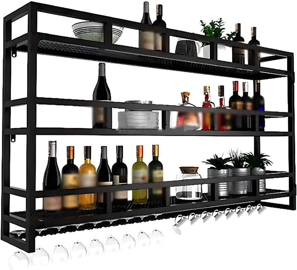 Wine Bottle Holder with LED Light,Modern Metal Wall Mounted Wine Rack,Industrial Wine Storage,Bottle Rack for Kitchen,Cellar,Home,Three Layer Bar Shelf,80CM