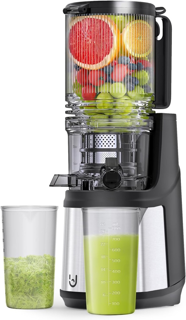 Cold Press Juicer, 5.3" Wide Feed Chute Juice Extractor Machine with 400W, High Juice Yield, Slow Masticating Juicer for Whole Vegetables & Fruits, Gray-Stainless Steel