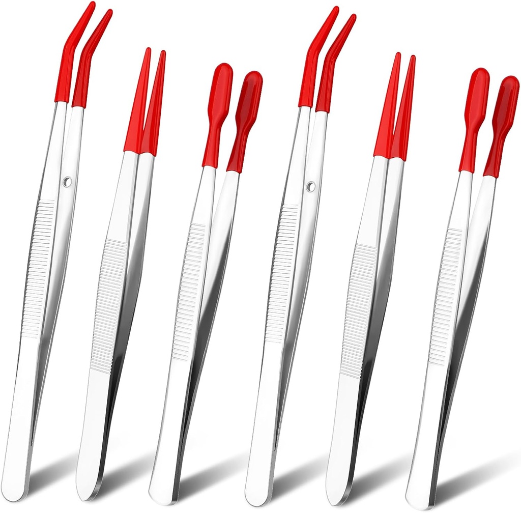 6 PCS Tweezers with Rubber Tips Set, PVC Coated Precision Tweezers, Rubber Straight Tip Tweezer Rubbers Flat Tip and Long Bent Tweezer for Craft Jewelry Beads Lab Industrial Stamps(Red)