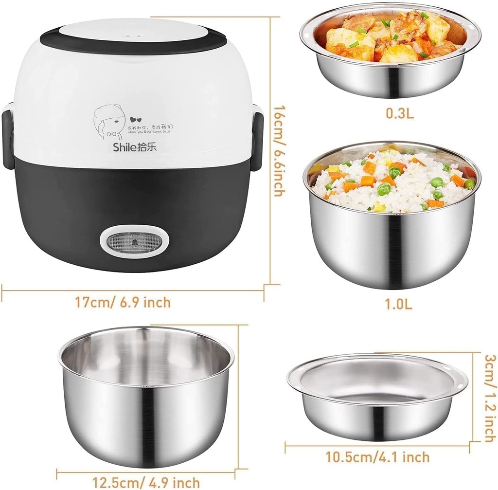 Mini Electric Lunch Box- 110V 200W Removable Stainless Steel Food Heating Food Warmer - with Bowl, Plate, Measuring Cup, 1.0(Black