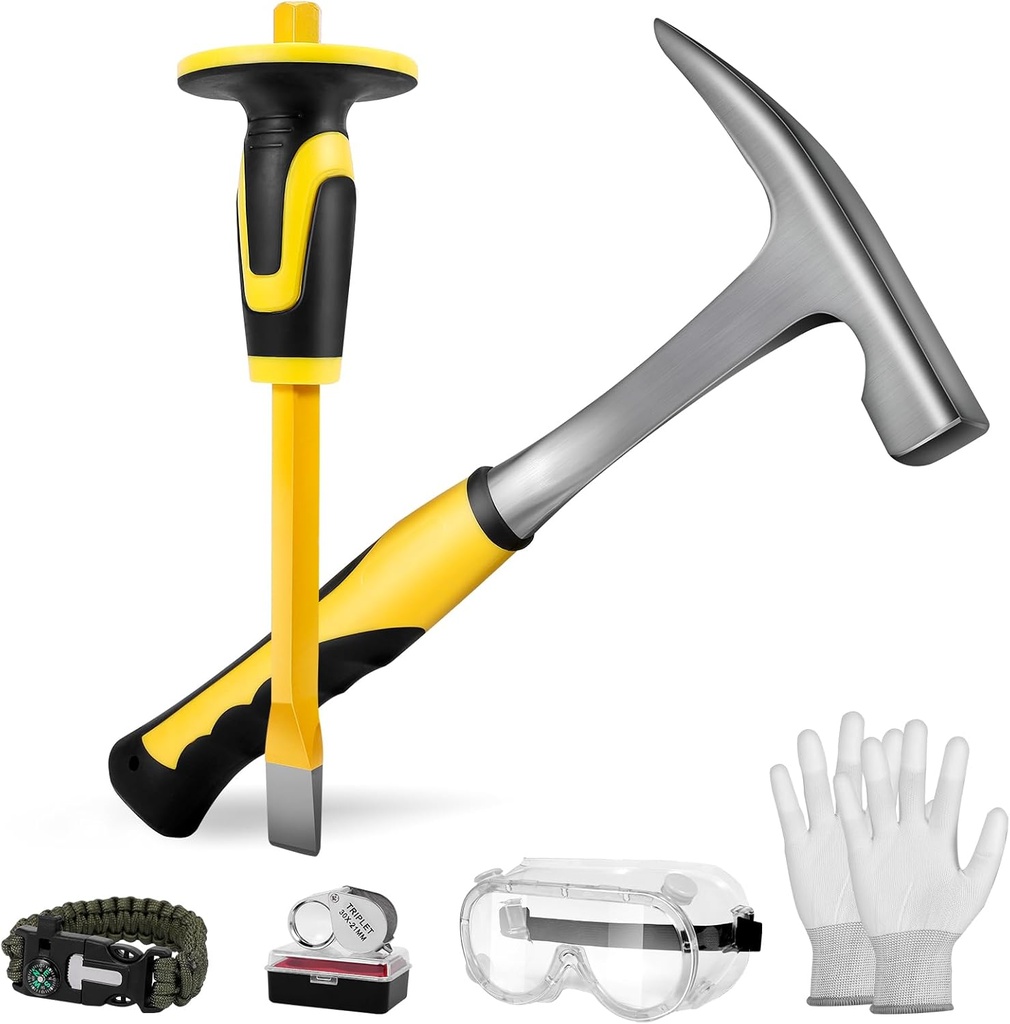 6 Pcs Rock Hammer Geology Starter Kit - 32 oz Masonry Hammers with 12" Mason Chisel Survival Bracelet Safety Glasses Jewelers Loupe Gloves for Hounding Gold Mining Prospecting Stone Breaking