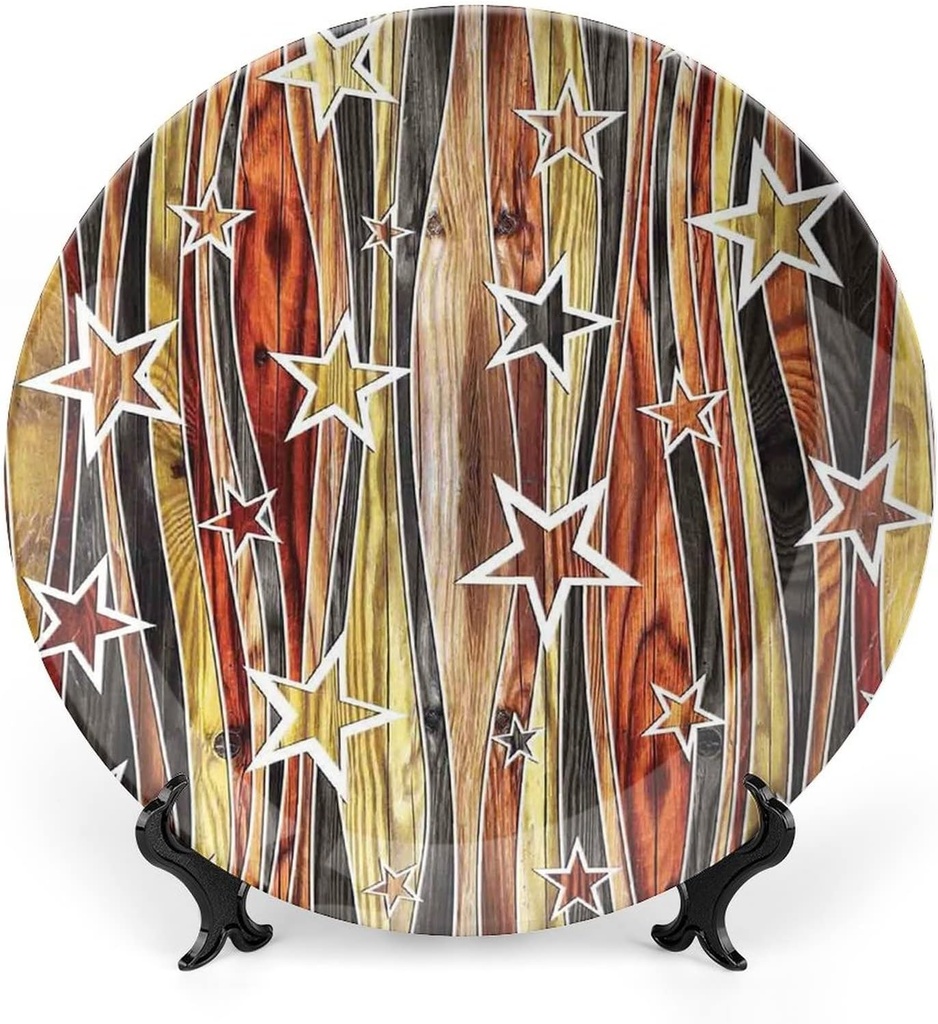XISUNYA 6 Inch Decorative Plate, Rustic Porcelain Plate, Vertical Striped Timber Design with Various Star Figures Print Ceramic Wall Hanging for Home Office Party Dinner Table Decor, Multi