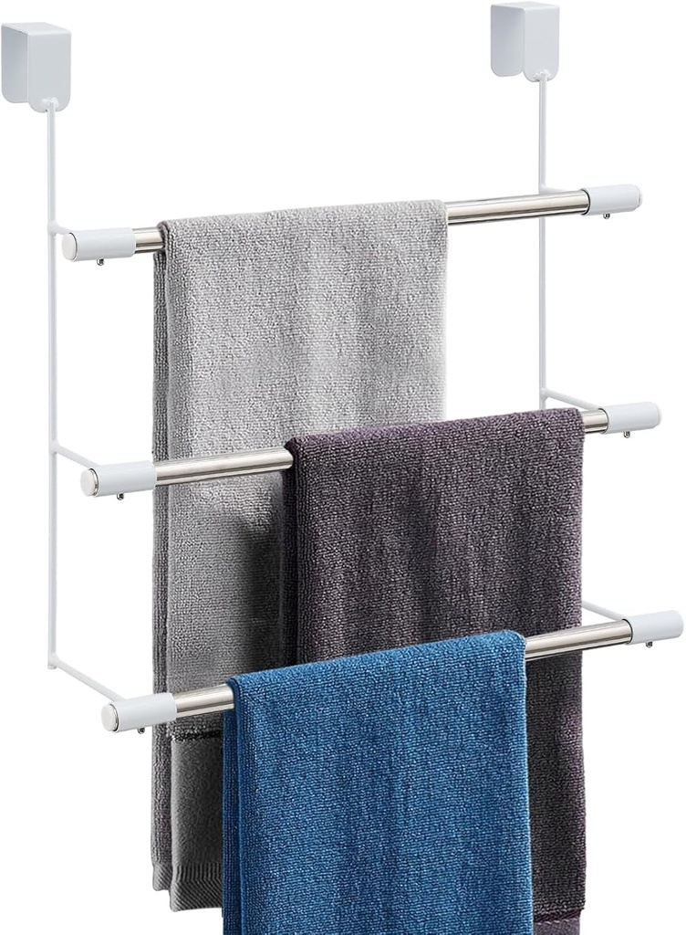 Over The Door Towel Rack, No-Drill Behind The Door Towel Racks for Bathroom Door, Glass Shower Door, Stainless Steel Three Hanging Bars for Space Saving
