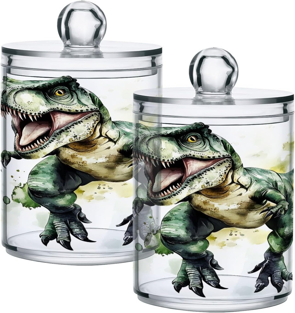 Acrylic Plastic Clear Jar with Lid, Watercolor Green Dinosaur Airtight Storage Jar 2 Pack Kitchen Storage Containers for Cookie Snack Candy