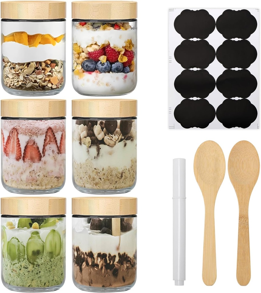 16oz Overnight Oats Container with Bamboo Lid, Glass Jar with Airtight Lid for Meal Prep, Wide Mouth Mason Salad Jar, Glass Food Storage Container for Yogurt, Chia Snacks, and Spiced Candies (6 Pack)